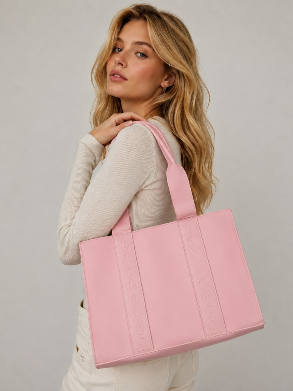 Bebe light pink leatherBebe Pink Tote Bag Large Shopper Handbag Blush Pink Gold